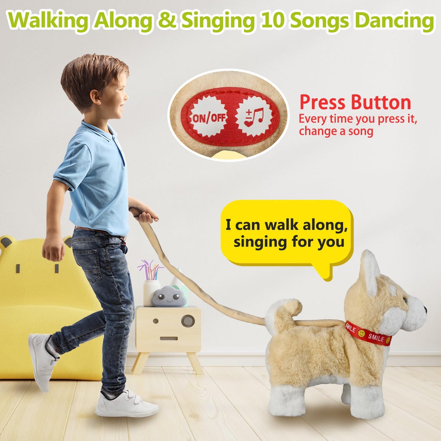 Hcdoujoy Corgi Walking Dog Barking Toy, Musical Singing Dancing Dog, Volume Control Interactive Puppy Walk Along With Leash, Wagging Tail Shaking Head, Electronic Dog Stuffed Animal Puppy For Kid