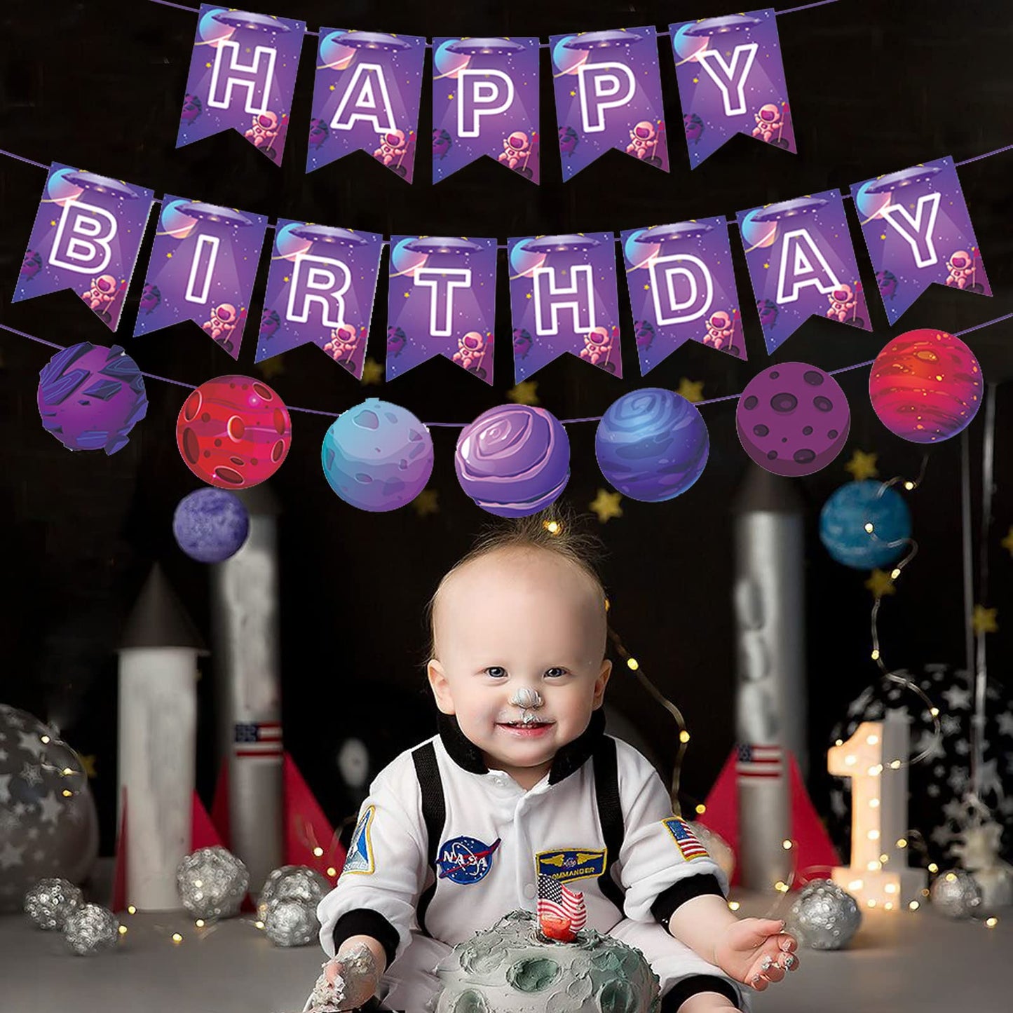 Zwiebeco Space Birthday Party Decoration Supplies - Outer Space Happy Birthday Banner Bunting Garland Hanging Paper Kit For Kids