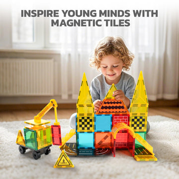 NEOFORMERS Magnetic Tiles Builder Construction Set Magnetic Tiles Road Cars Set STEM Toys for Ages 3-8 Montessori Sensory Educational Magnet Toys for 3+ Year Old Boys and Girls Gifts