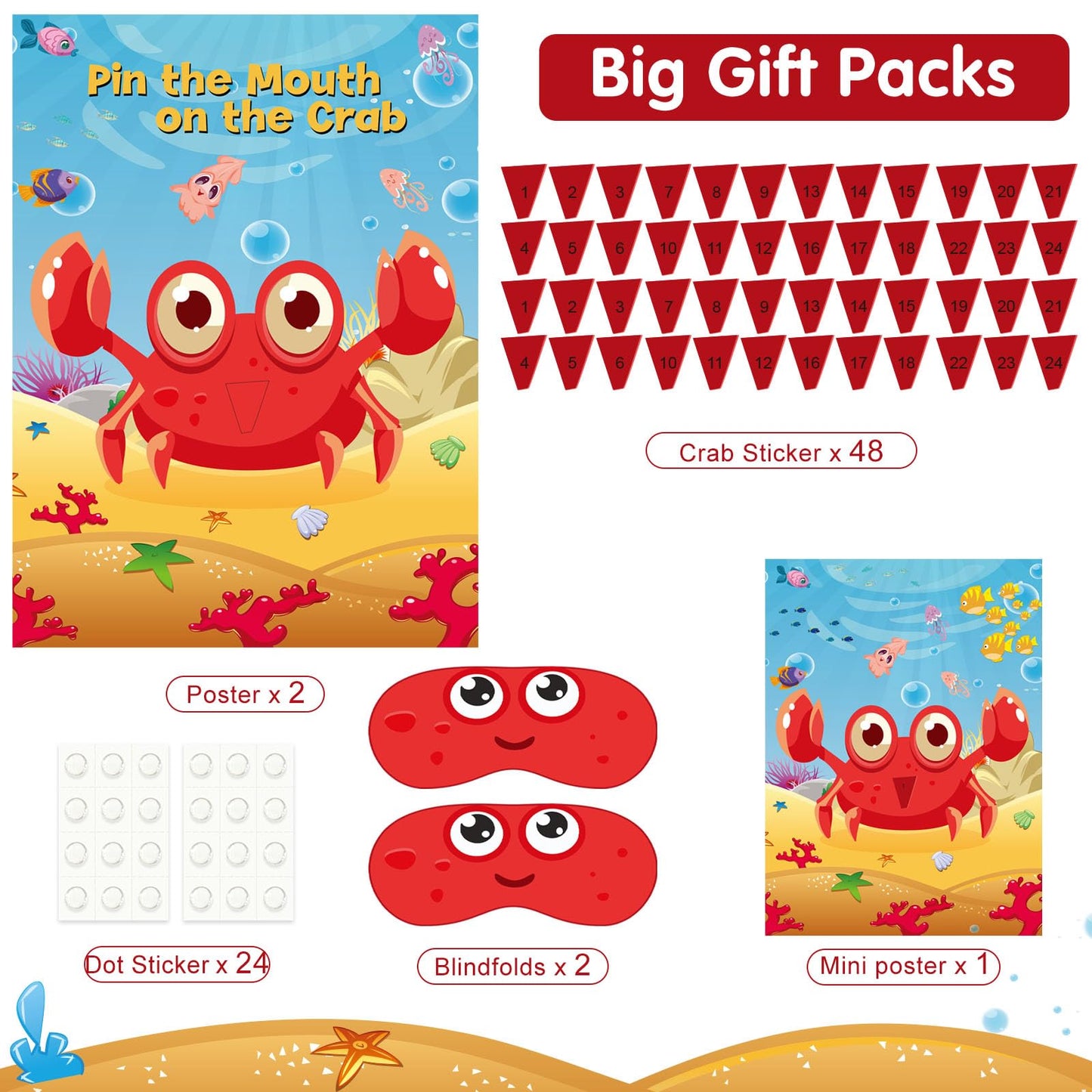 Neburora 2 Pack Pin The Mouth On The Crab Party Game 2 Large 21''X 28'' Posters With 48Pcs Stickers Ocean-Themed Birthday Party