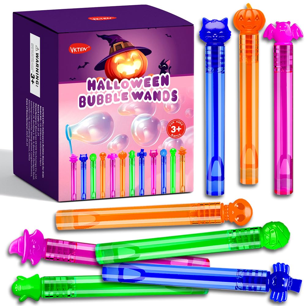 Vkten 64Pcs Halloween Bubble Wands Mini Bubbles Party Favors For Kids Halloween Party Favors Halloween Treat Bag Stuffers Goody Bag Filler Halloween Treats Prizes