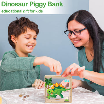 Piggy Bank For Boys, Wooden Dinosaur Piggy Bank For Kids Cartoon Money Bank Coin Bank With Diy Alphabet Stickers,Green Yellow