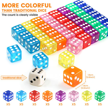 GWHOLE 40-Piece 6-Sided Game Dice Set, Translucent Acrylic, 16mm, Mix Colors for Board Games and Math Teaching
