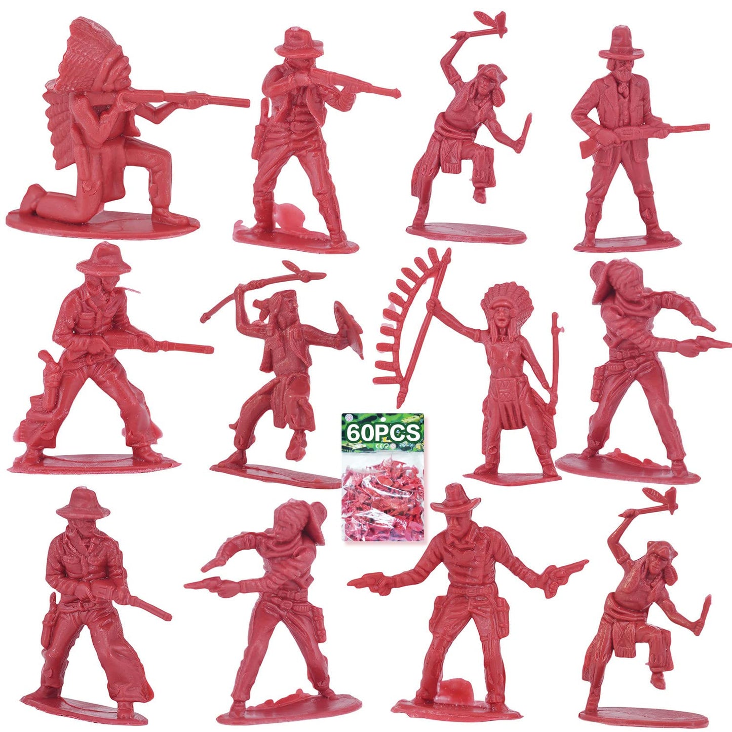 Lynkaye 60 Pcs Various Pose Cowboy Indian Toy Figunes For Kids Children Birthday,Native American Figures, Wild West Cowboy Miniature Kit 144 Ct 2Inch - 3Inch (Red)
