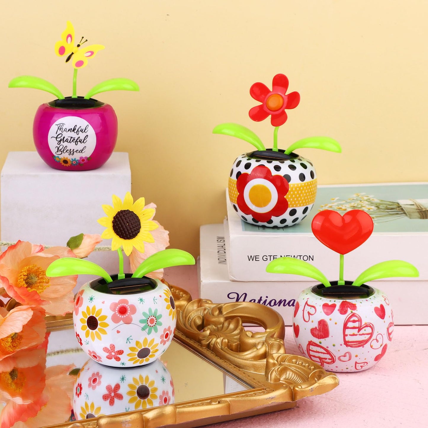 4 Solar Dancing Butterfly Toy Solar Powered Dancing Sun Flower In Colorful Pots Swinging Heart Shape Flip Flap Animated Bobblehead Dancer Window Rose Sun Catcher Car Dashboard Decor