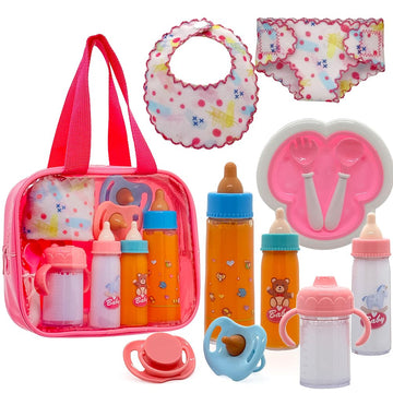 Baby Doll Accessories Magic Bottle Set - 11 Pieces Doll Feeding Pretend Playset With Disappearing Milk & Juice Bottles, Pacifier