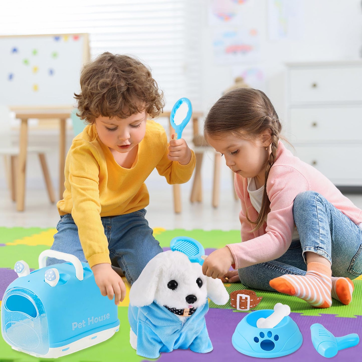 Dog Toys For Kids Girls, Walking And Barking Electronic Interactive Plush Puppy Toy Set And Pet Care Toy Set Accessories, Preten
