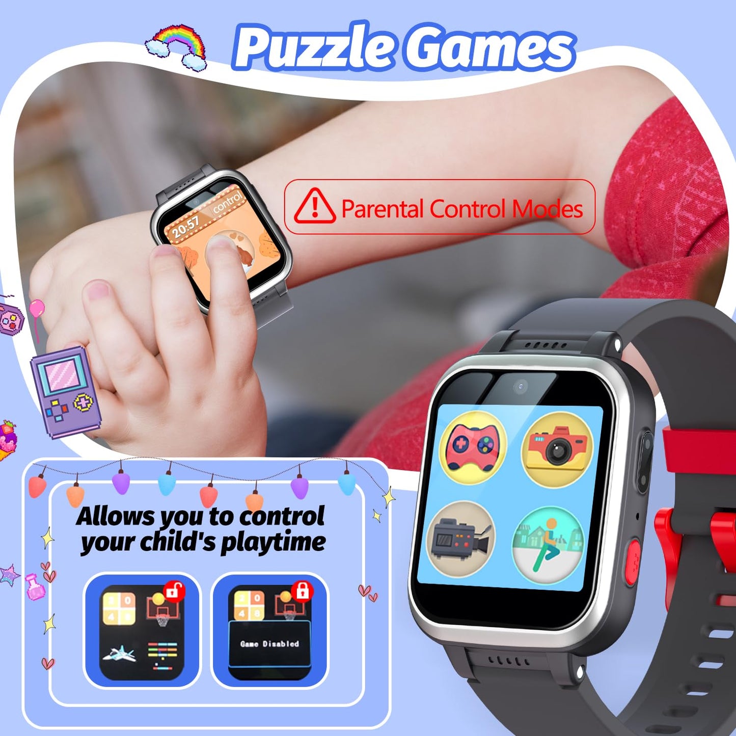Meoonley Kids Smart Watch With Puzzle Games Hd Touch Screen Camera Video Music Player Pedometer Alarm Clock Flashlight Fashion K