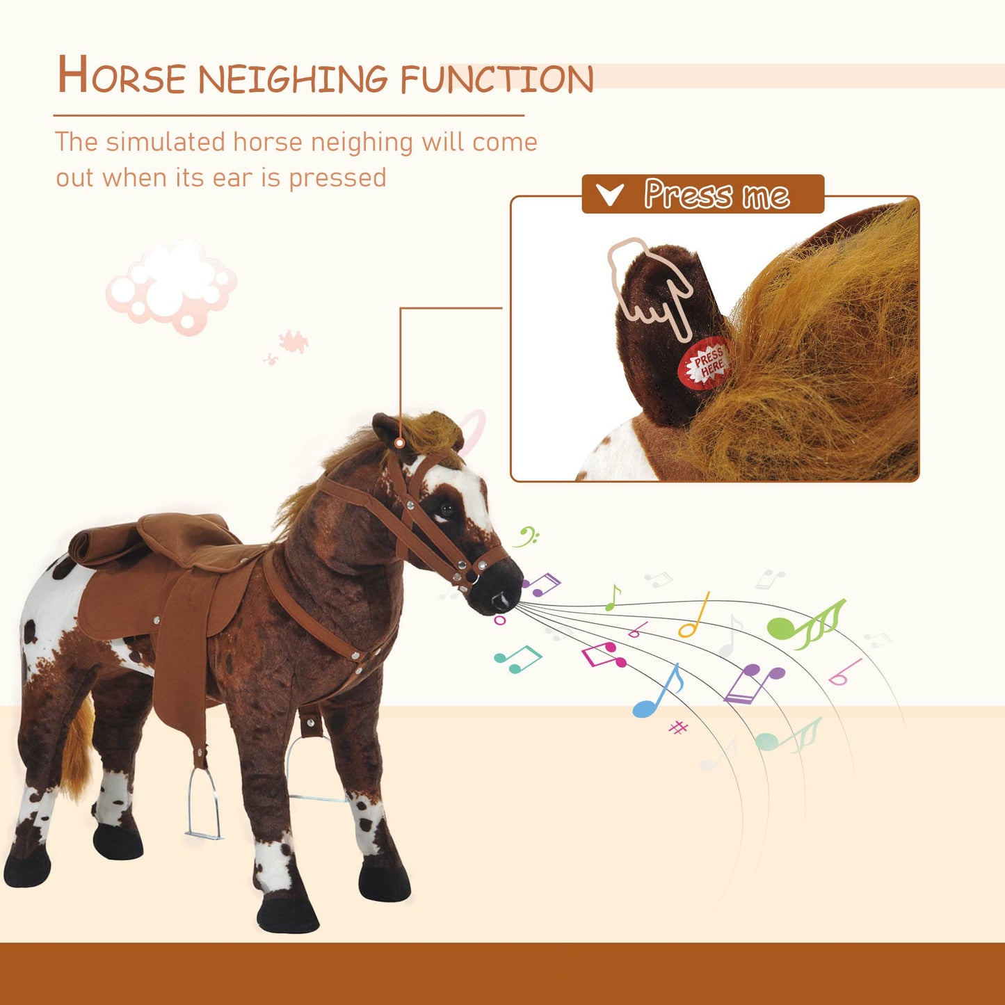 Qaba Sound-Making Ride On Horse For Toddlers 3-5, With Neighing And Galloping Sound, Stuffed Animal Horse Toy For Kids With Padding, Soft Feel, Brown
