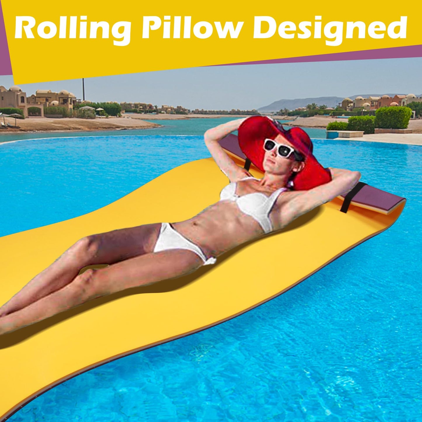 Strpretty Basic Floating Water Mat - 8 X 3 Ft Water Float Pad With Rolled Pillow, 3 Layers Foam Portable Lily Pad Floating Mat F