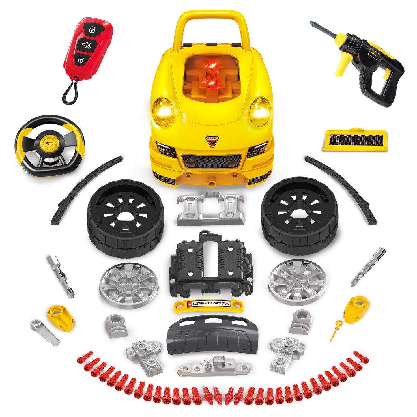 Deejoy Large Truck Builder Kit for Toddlers 3-5, Yellow Mechanic Workshop Set with Light & Sound, Removable Engine, 15.3x18.7 Inch