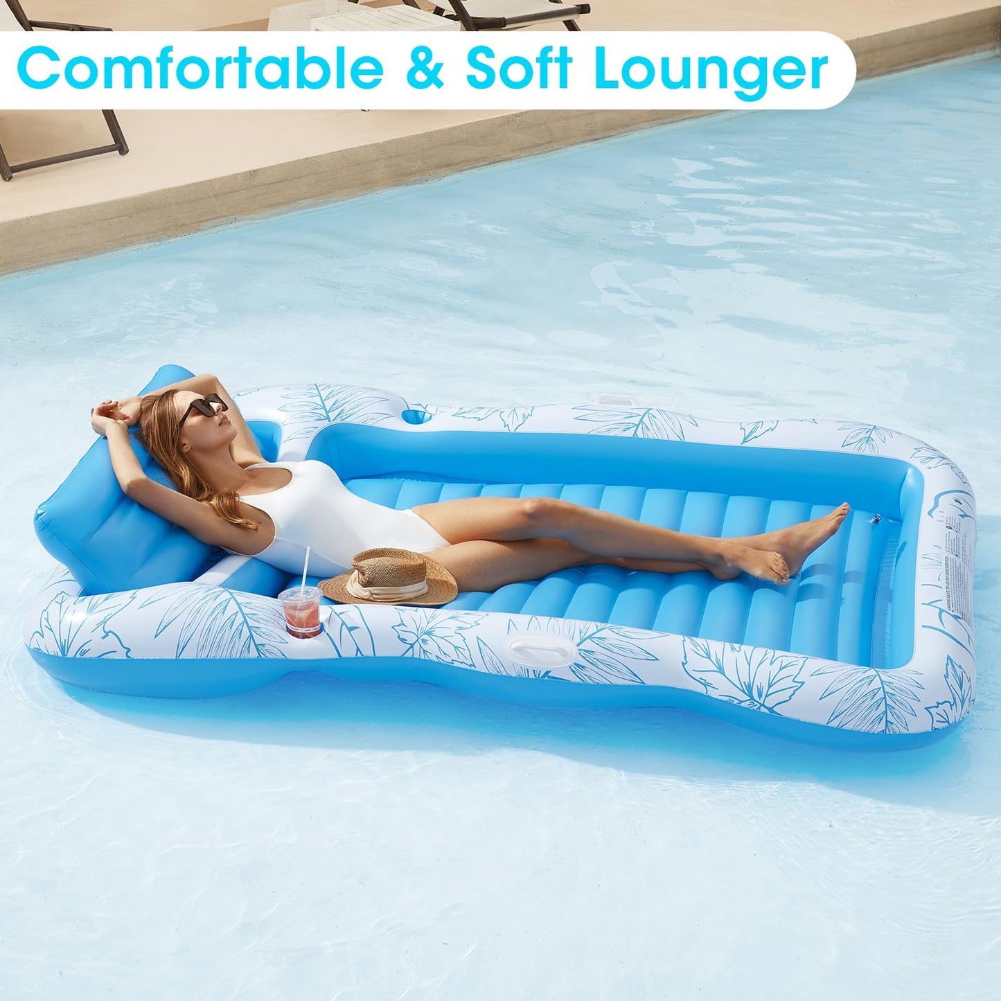 Inflatable Adult Pool Lounger Float - Baiai Large Beach Sun Tanning Floaty Raft Sunbathing Water Lounge Floaties Tub With Drink Holder - Blow Up River & Lake Suntan Floating Swimming Mattress Mat(Xl)