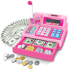 BAODLON Pretend Play Calculator Cash Register - 73 Pcs Pink Toy Cash Register, Microphone, Credit Card and Banking for Kids, Ear