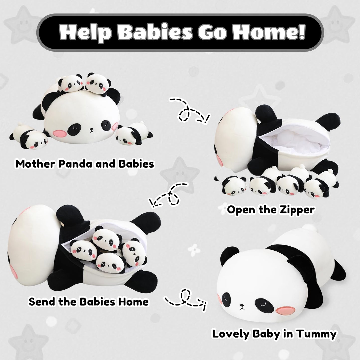 Sqeqe Panda Stuffed Animals With Babies Inside Belly - 1 Mommy Stuffed Panda With 4 Cute Babies Plushie Gifts Ideal For Kids And