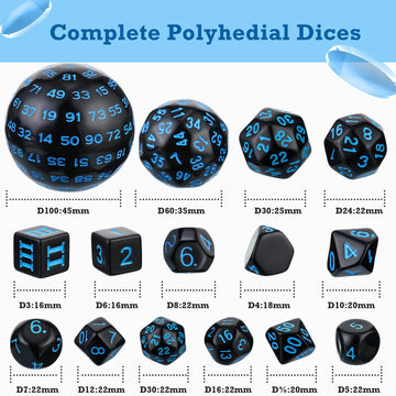 15 Pieces Complete Polyhedral Dice Set D3-D100 Spherical RPG Dice Set in Opaque Black, 100 Sides Dice Set for Role Playing Table