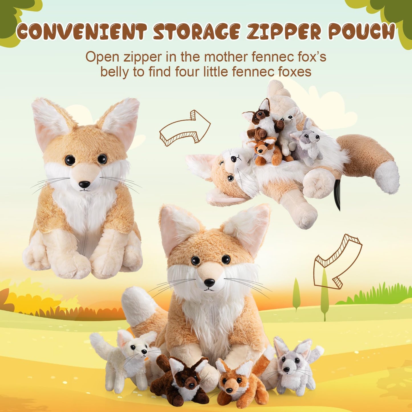 Hydren 5Pcs Woodland Animals Plush Toys Set 13.4 Inch Large Fennec Fox Stuffed Animal With 4 Cute Baby Fox Plush Toys Gift For V