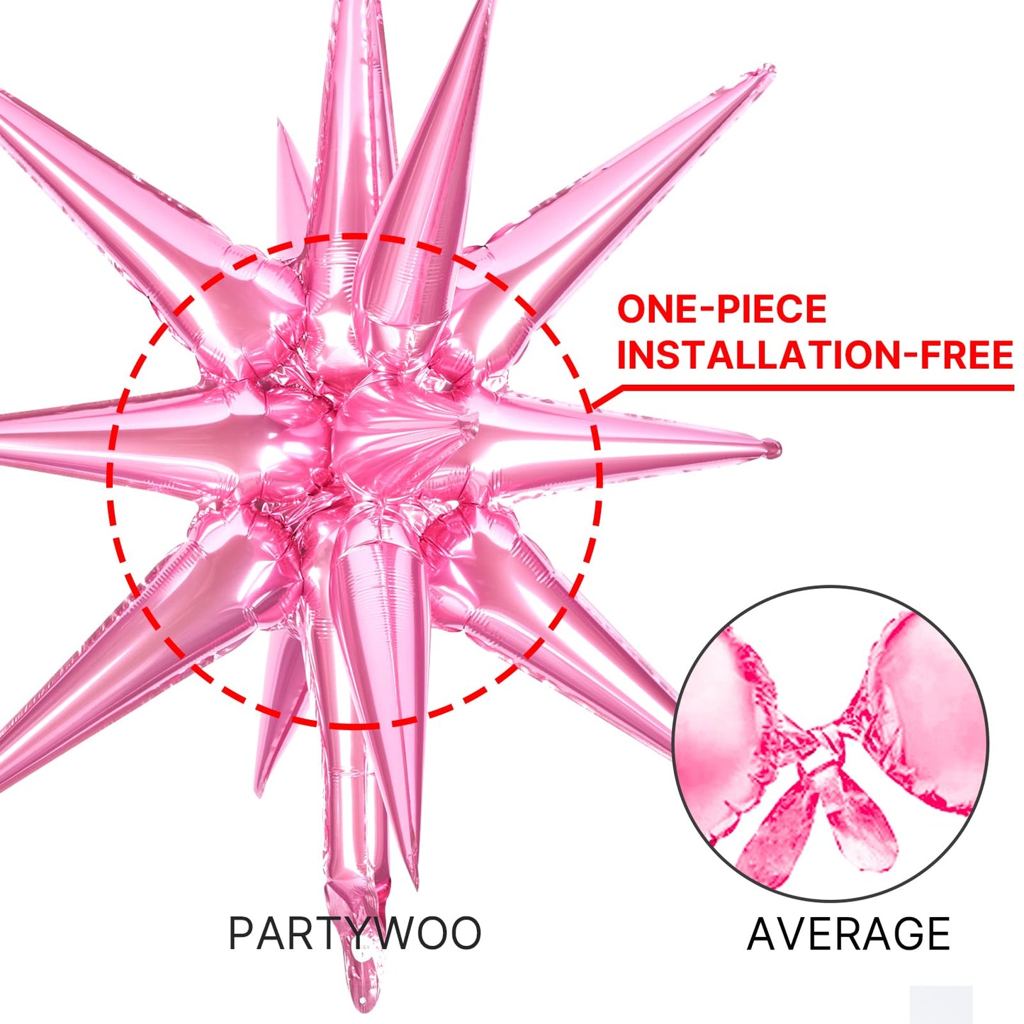 Partywoo Pink Star Balloons, 2 Pcs 42 Inch Large 14-Pointed Starburst Balloons, One-Piece Star Explosion Balloons With Ribbon, Point Star Foil Balloons, Mylar Balloons For Birthday Party Decorations