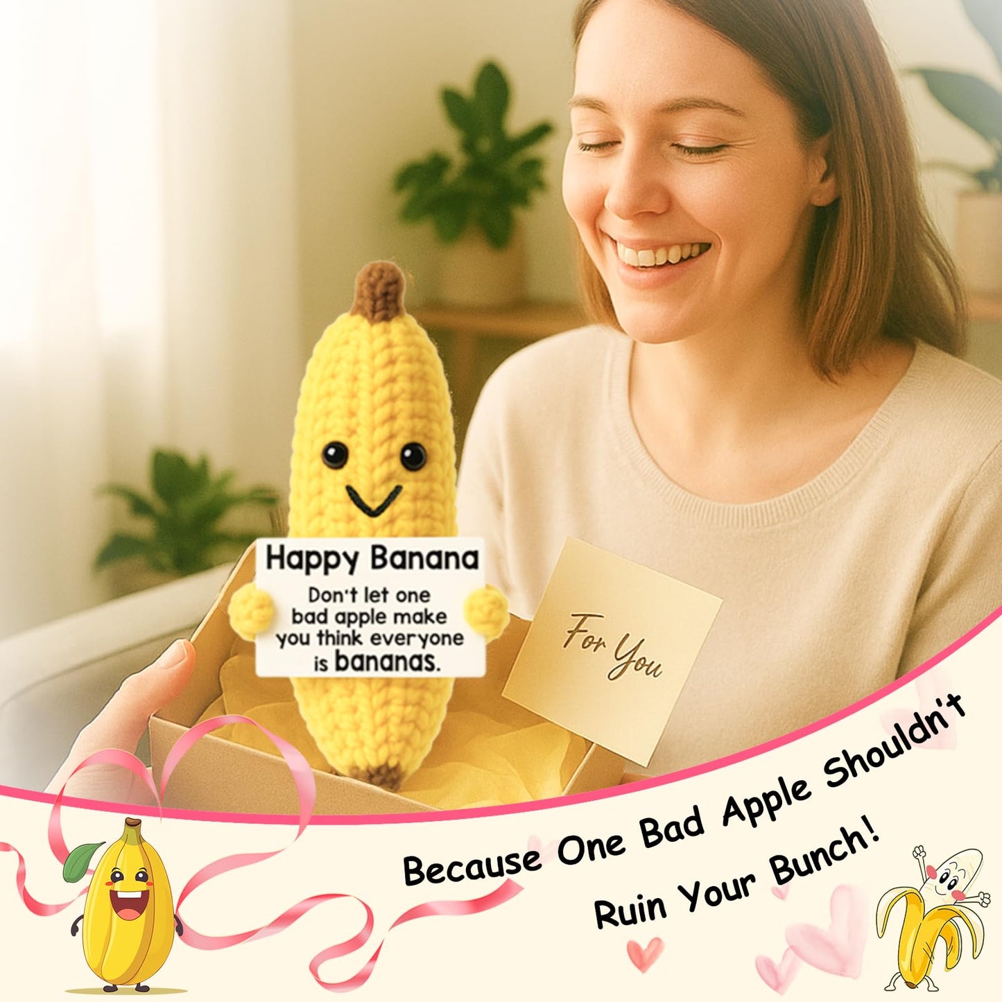 MAMAGIFTREE Christmas Birthday Gifts for Women Thanksgiving Basket Inspirational Gift for Friends for Coworkers Girlfriend Boyfriend Crochet Banana Plush - Handmade Knitted Toy Desk Decor