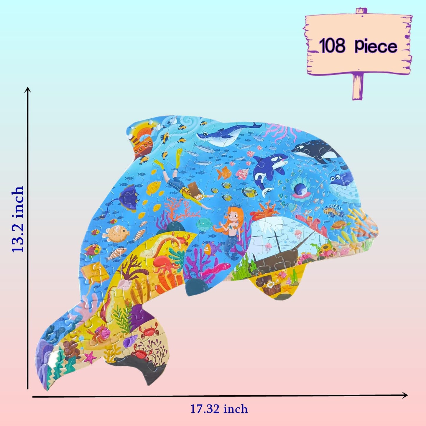 Puzzles For Kids Ages 4-6,8-10 And Adults 108 Pieces Dolphin Shaped Jigsaw Puzzle Educational Toys Gift For Boys Girls Birthday Valentine'S Day Easter Party Favors (Dolphin)