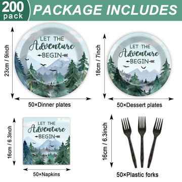 Zoiiwa 200 Pcs Adventure Awaits Tableware Disposable Let The Adventure Begin Party Supplies Dinnerware Set Baby Shower Plates Napkins Birthday Party Decoration Serve 50 Guest