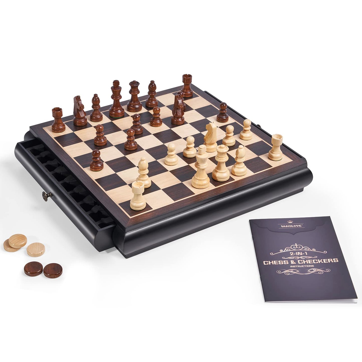 Vamslove Wooden Chess Checkers Game Set 15.5' Large Size Board W/Storage Drawers, Weighted Chess Pieces - 2 Extra Queens 3' King, Gift For Birthday Housewarming Retirement - Black