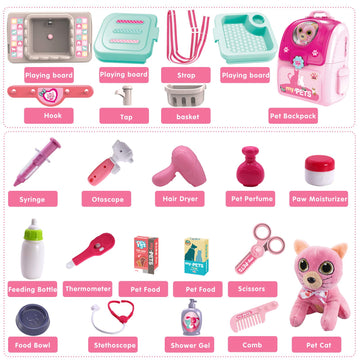Pet Cat Carrier Backpack Toy, MAGIC4U 23PCS Pet Care Playset,Vet Clinic and Doctor Kit for Kids, Pet Veterinarian Medical Role P