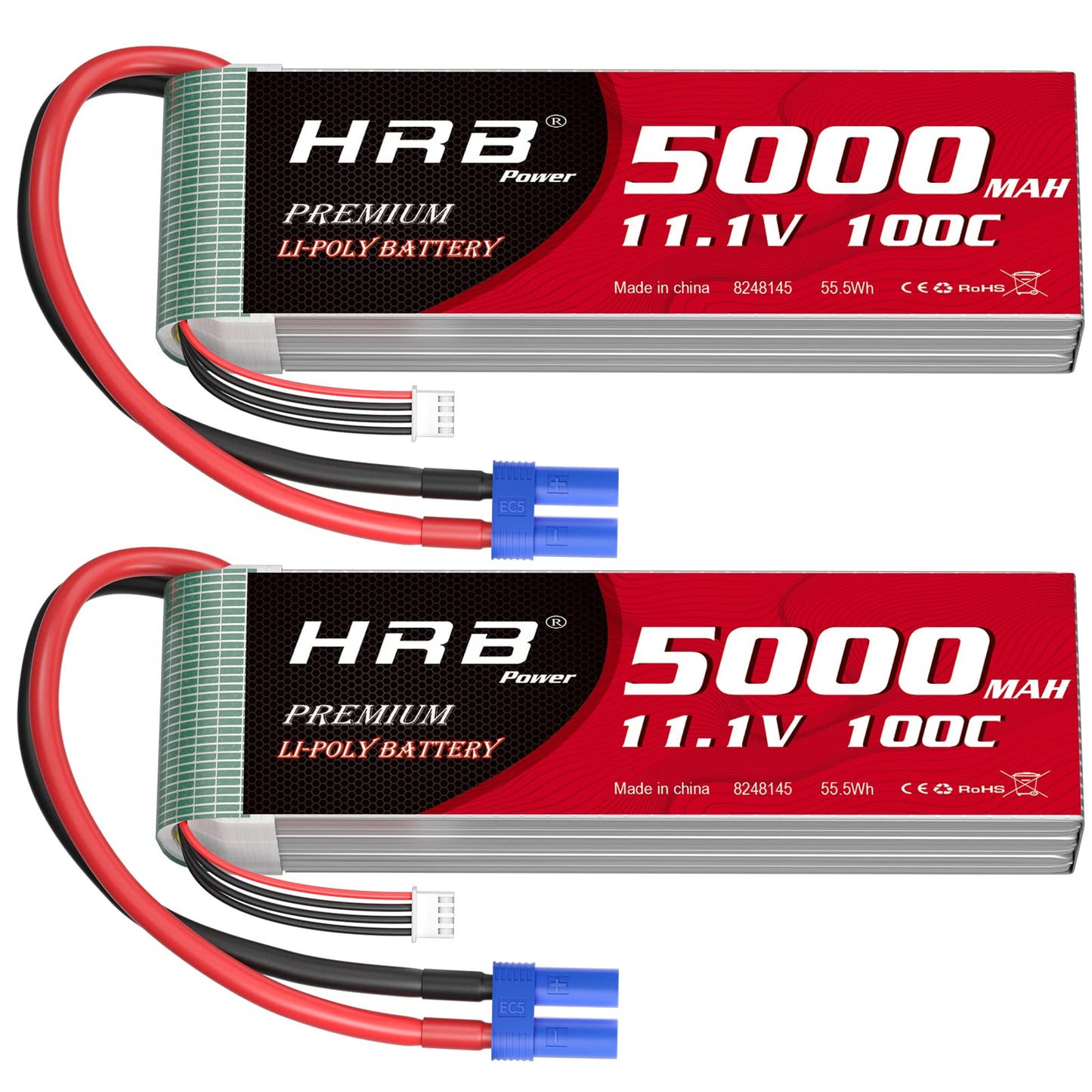 HRB 3S 5000mAh Lipo Battery EC5 100C 11.1V RC Lipo Battery Compatible with RC Car RC Plane RC Truck RC Boat (2packs)