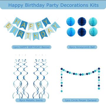 Blue Birthday Decorations with Happy Birthday Banner, Paper Honeycomb Balls, Circle Garland and Hanging Swirl Decorations, Birth