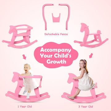 Belleur Wooden Rocking Horse for Toddlers 1-3, Pink, Ride-on Toy with Removable Fence, Model RHWR001_B1