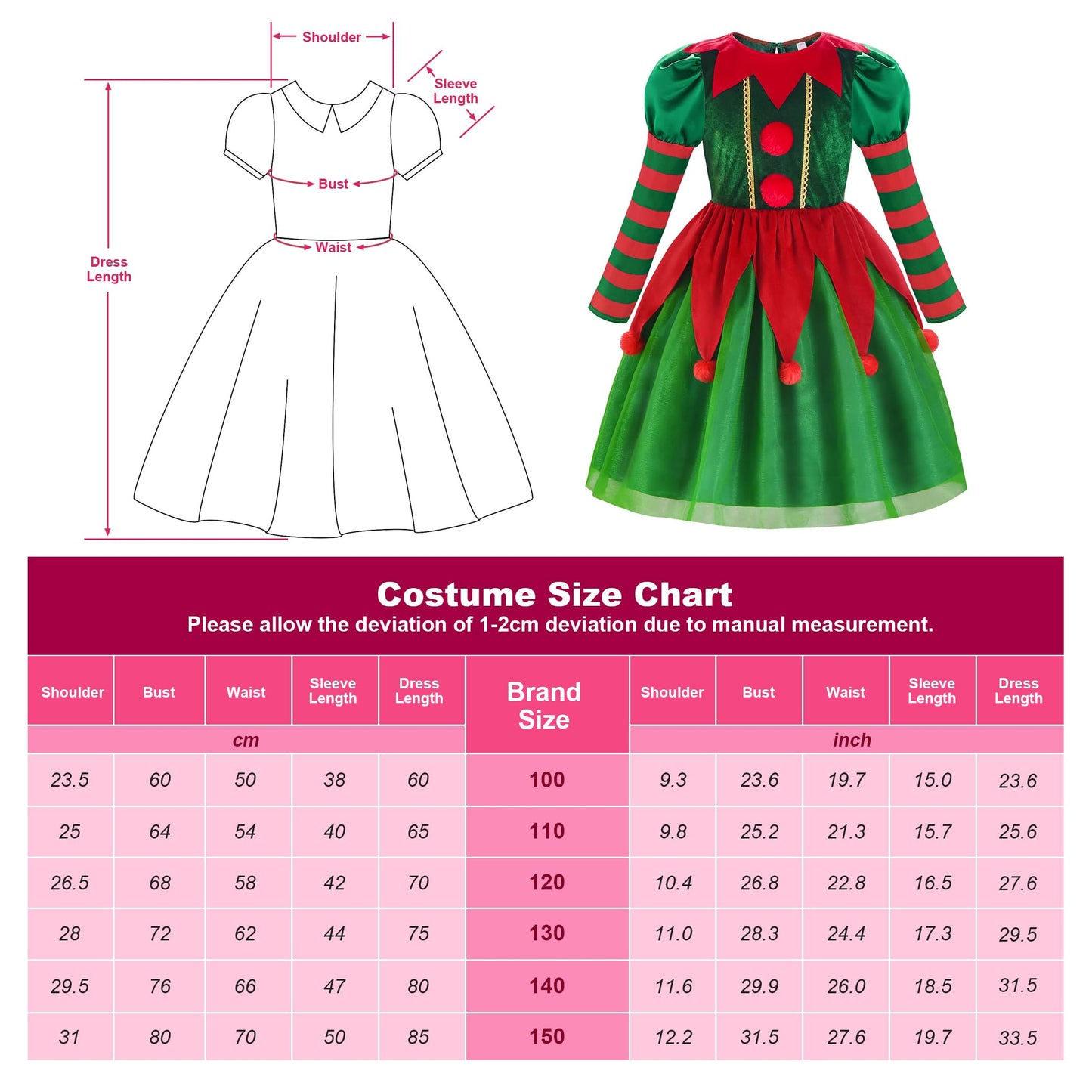Relibeauty Elf Costume For Kids Santa Little Helper Kids Christmas Elf Dress Suit For Girls 4T-4/110