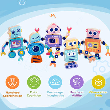 Wooden Snap-Together Building Toys, Robot Building Kit For Kids,Stem Building Blocks,Take Apart Playset 28Pcs, Fine Motor Skill