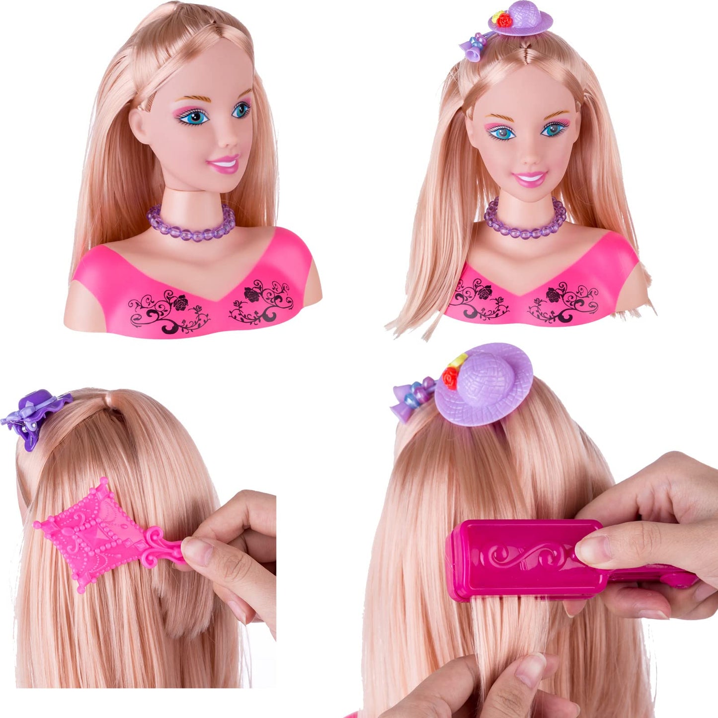KonHaovF Styling Head Doll - Hair & Makeup Practice Set, 7.8 Inch, Pink, Includes Accessories & Hair Dryer (Style A)