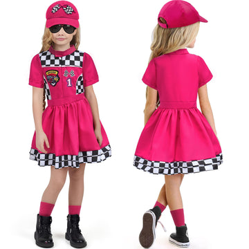 G.C 8Pcs Kids Girls Race Car Driver Costume Toddler Racing Suit Rose Red Racer Dress Costumes Accessories Car Cap Knee Socks Sunglasses Flags Halloween Dress Up Clothes (Xs(4-6T))