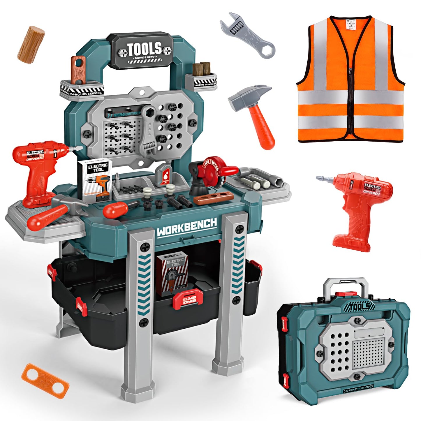 Jovow Kids Tool Bench with Realistic Tools and Electric Drill, Suitable for 3-5 Year Olds to Build Their Own Toy Workbench, 79 P