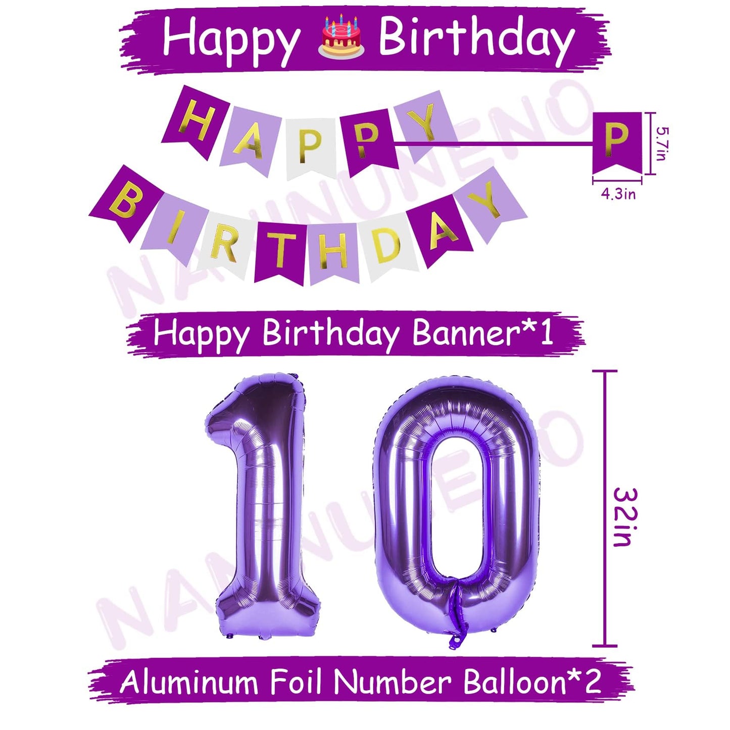 Naninuneno 10Th Birthday Decorations For Girls, Purple 10 Happy Birthday Balloons Supplies Including Purple Happy Birthday Banne