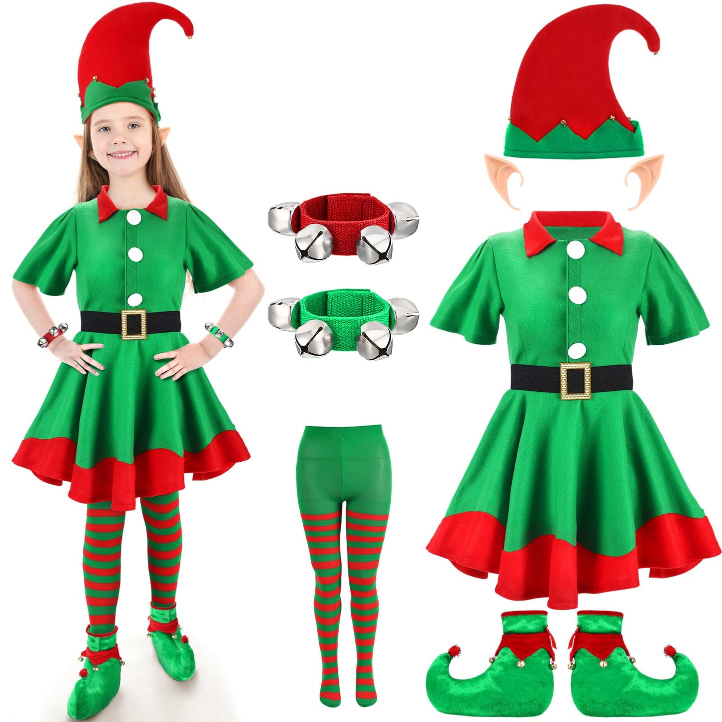 Shinymoon 7 Pcs Christmas Elf Costume Set Velvet Dress Ears Hat Shoes Bell Bracelet Xmas Outfit For Girl Cosplay Party (Large)