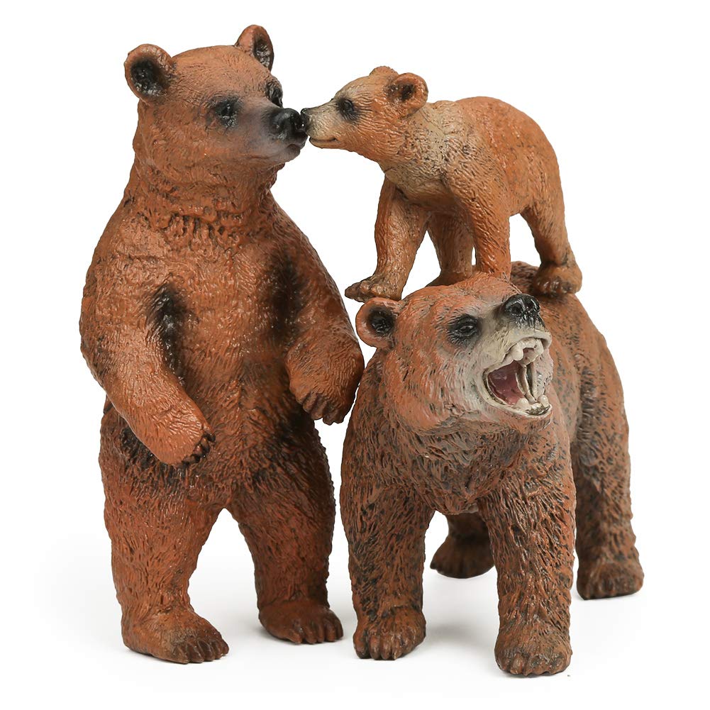 Uandme Grizzly Bear Toys Figurines Set, Plastic Forest Animal Bear Family Figures For Nature Science Learning, Realistic Woodland Creature Party Supplies Cake Toppers, Pack Of 3