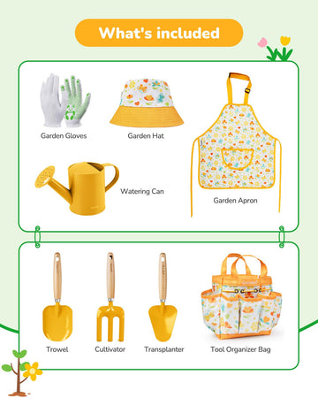 Grenebo Kids Gardening Set Toys,Includes Metal Trowel,Transplanting Shovel,Garden Hat,Rake,Apron,Gloves,Watering Can,And Tool Or