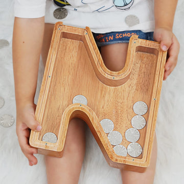 Piggy Bank For Kids Boys Girls, Large Personalized Wooden Letter Piggy Bank With Cut-Out Design, Alphabet Letter Coin Banks, Money Savings Box, Wooden Bank For Kids Creative Gift For Real-Money(N)
