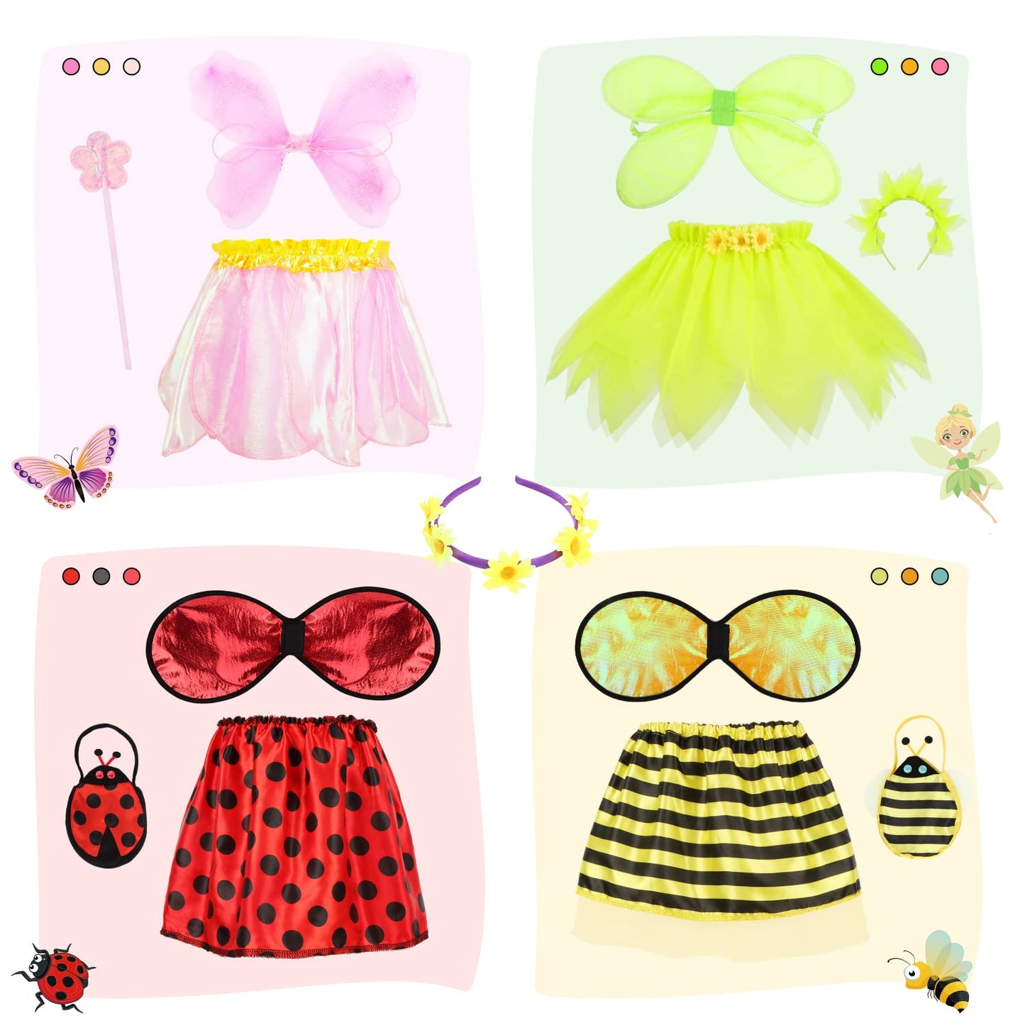Toycost Girls Princess Dress Up Trunk Ladybug, Bee, Butterfly, Green Fairy Role Play Costume Set For Little Girls Toddler Aged 3