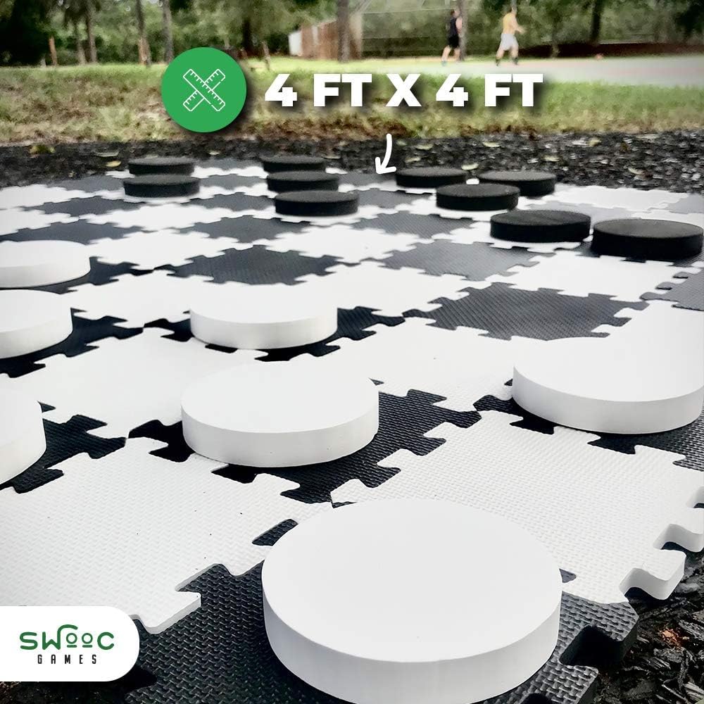 Swooc Games - 2-In-1 Reversible Giant Checkers & Tic Tac Toe Game ( 4Ft X 4Ft ) - 100% High Density Eva Foam Mat & Pieces - Extr