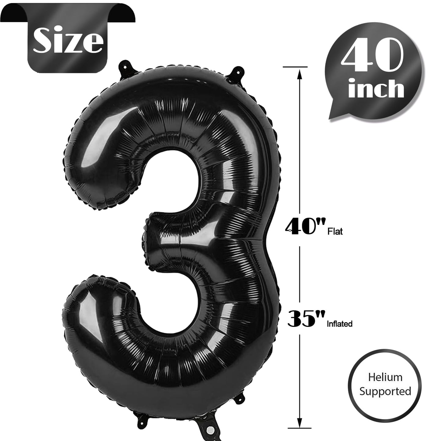 3 Balloon, Black Number Balloon 40 Inch, 3Rd Three Year Old Birthday Deco, Black Party Supplies For Party Decorations, Number 3