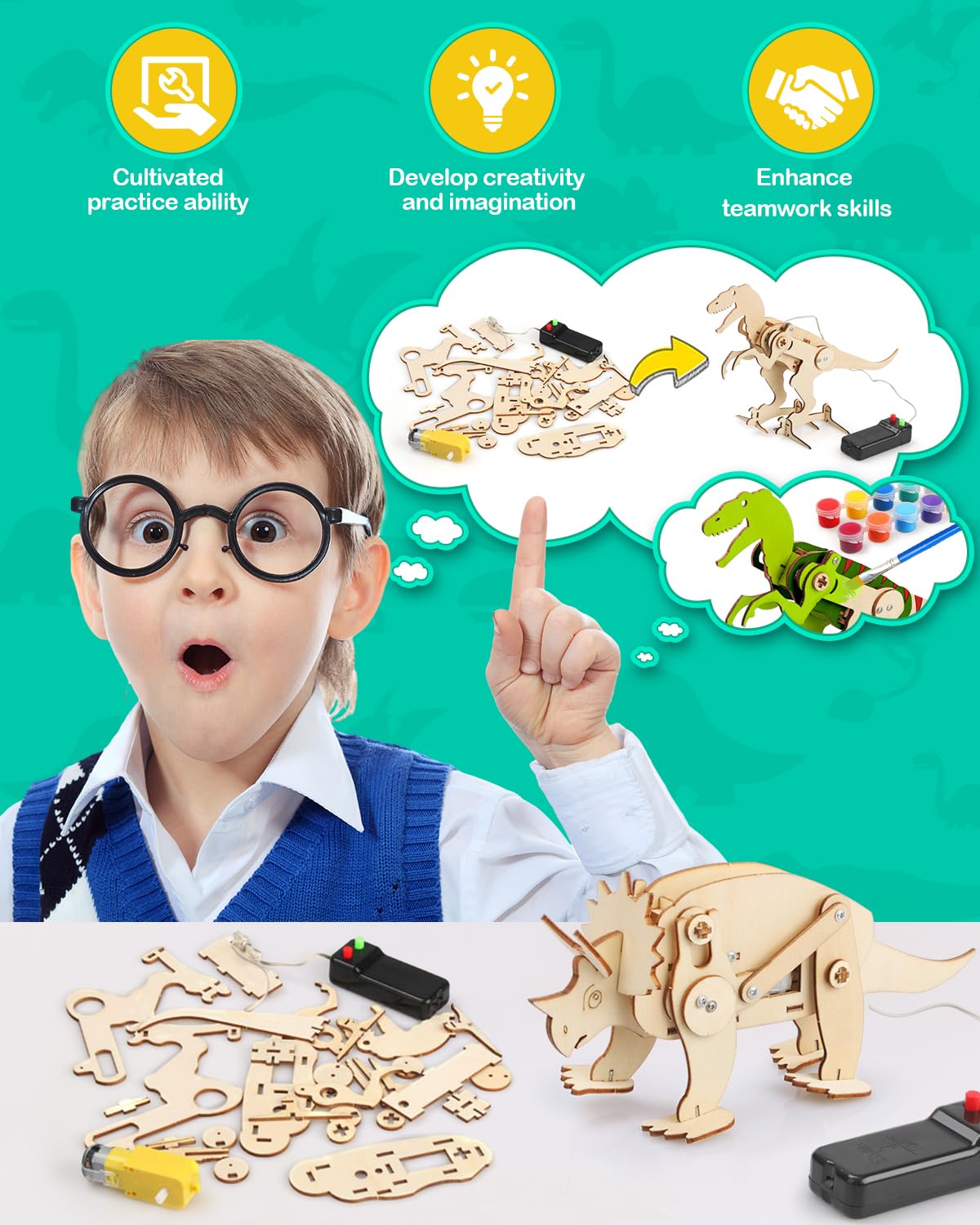 Poraxy Dinosaur Toys, 4 In 1 Stem Kits For Kids Age 8-10, Toys For Ages 8-13, Educational Science Building Projects, 3D Wooden Puzzles Robot Crafts, Gifts For Boys Girls 7 8 9 10 11 12 13 Year Old