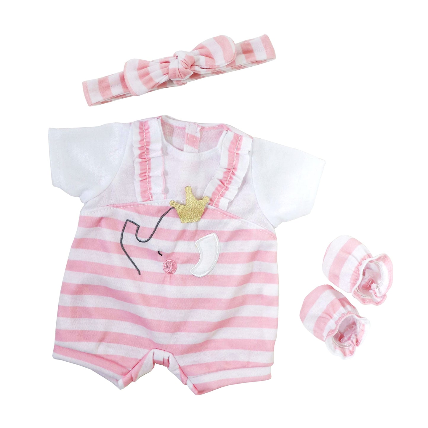 Jc Toys | Berenguer Boutique | Baby Doll Outfit | Pink Stripes And White Overall Shorts | Includes Headband And Booties | Ages 2+ | Fits Dolls 14'- 16'
