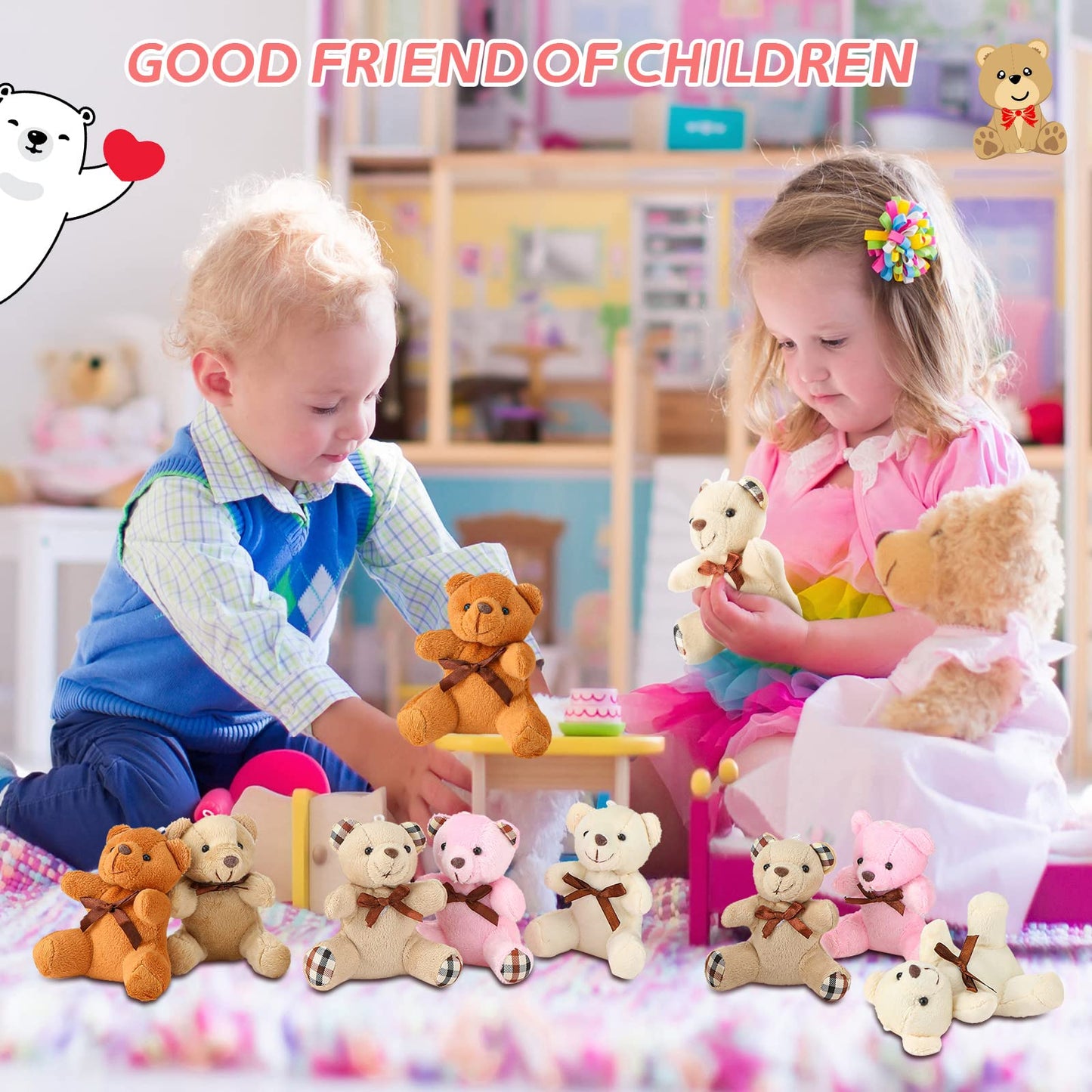 Skylety 16 Pcs Mini Plush Bear Bulk 4 Inch Bear Stuffed Animal Toy Doll Small Soft Keychain For Birthday Baby Shower Wedding Party Favor Decor(Light Brown, Dark Brown, Pink, Beige)