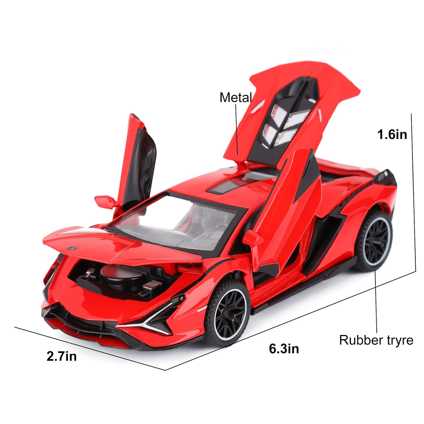 SASBSC Metal Toy Car Lambo Sian FKP3 with Light & Sound, Pull Back Action, Red, for Boys Age 3+