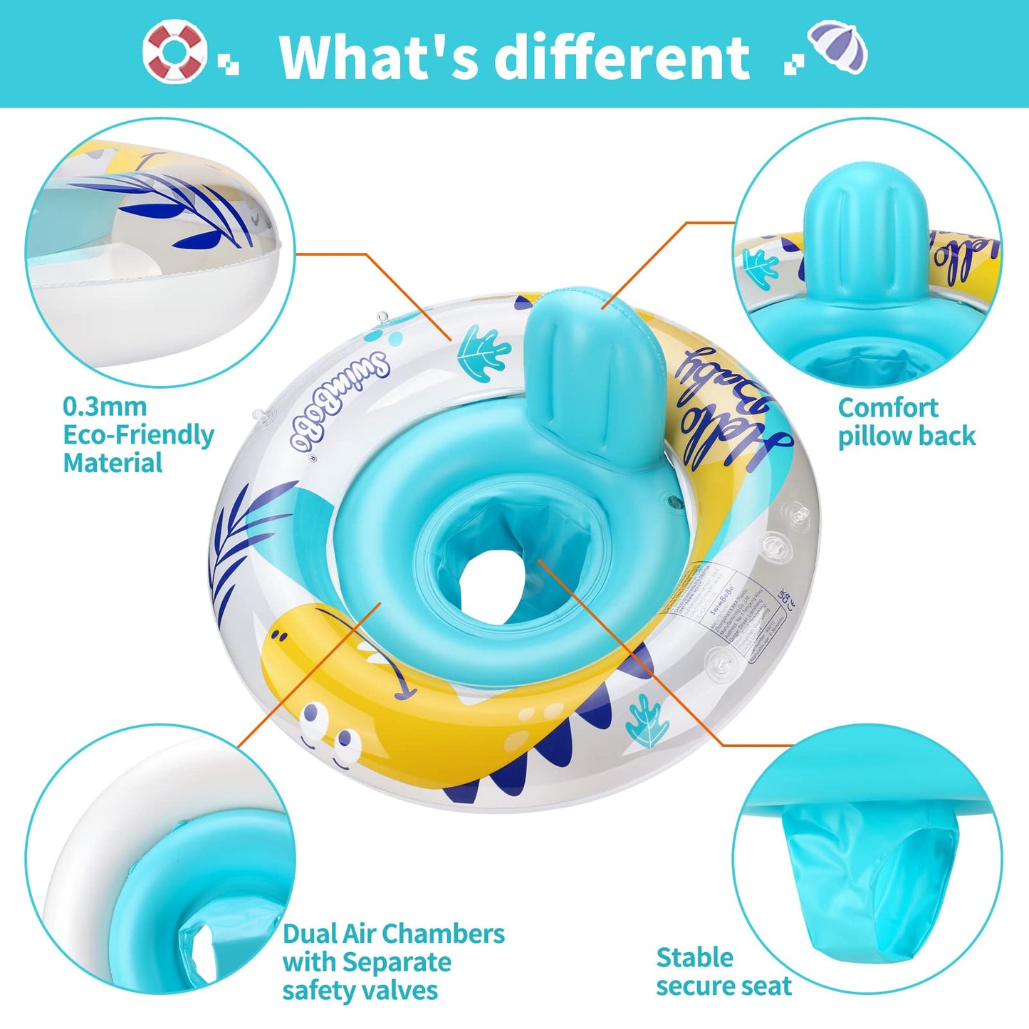 Swimbobo Inflatable Baby Swim Pool Float with Safe Seat and Removable Canopy for Age 6-36 Months Toddler (Yellow Dinosaur)