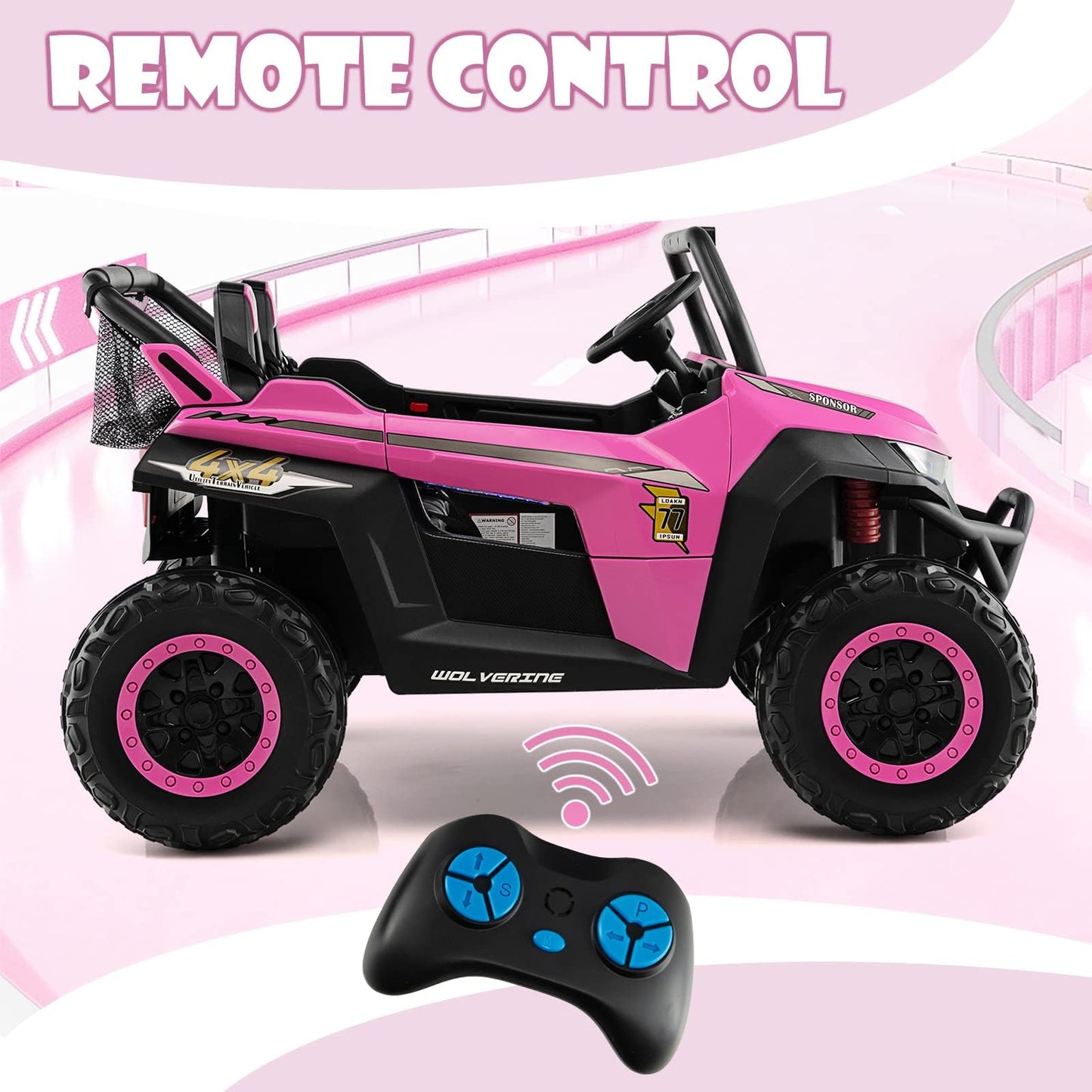 Olakids 2 Seater Ride On Car For Kids, 12V Utv Kids' Electric Vehicles With Remote Control, Spring Suspension, Soft Start, Music Bluetooth Fm, Battery Powered For Ages 3-8 (Bright Pink)
