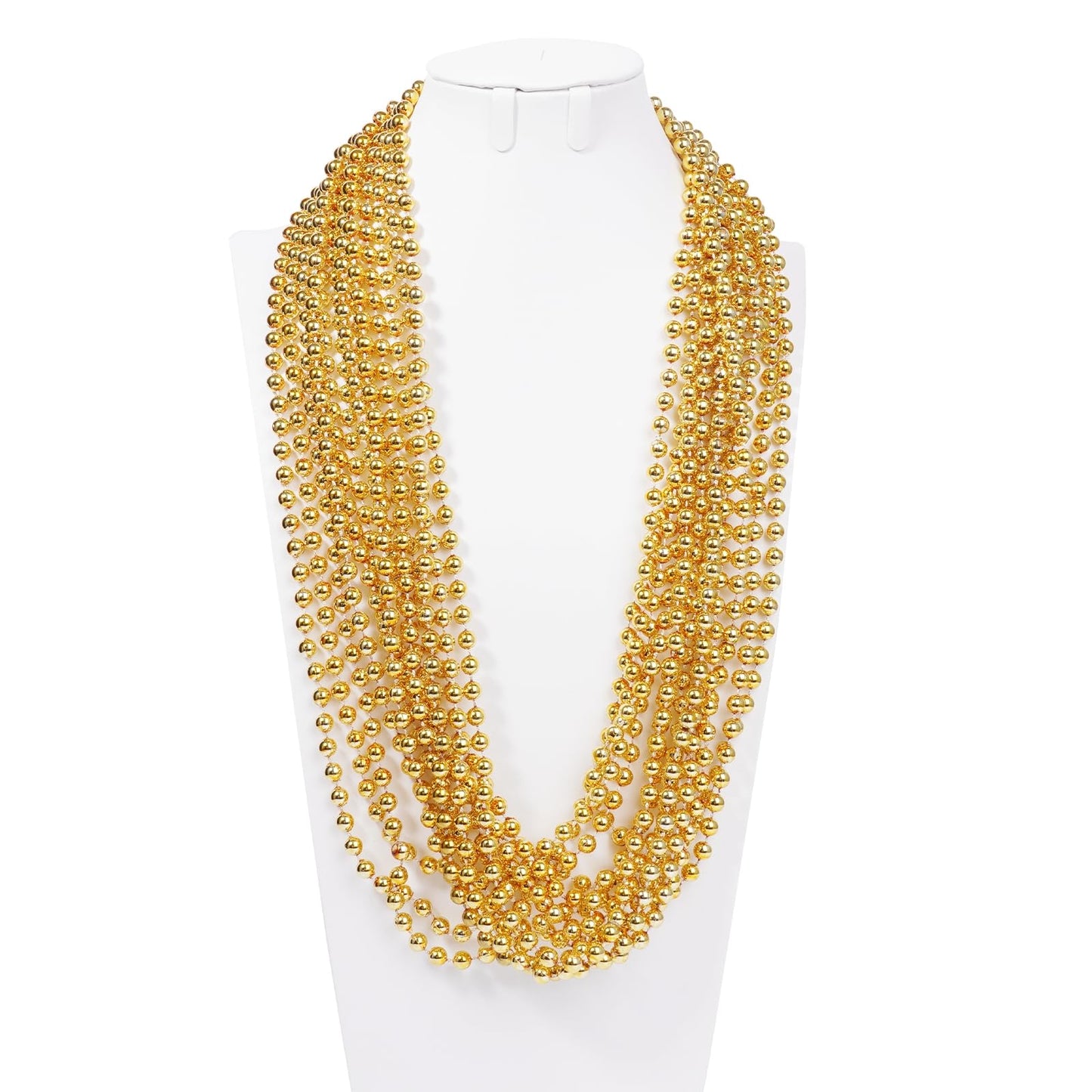 YAXINRUI 33 Inch 7 mm Metallic Gold Bead Necklaces, 15pcs Mardi Gras Beads Bulk Round Beaded Necklaces Costume Necklace for Mard