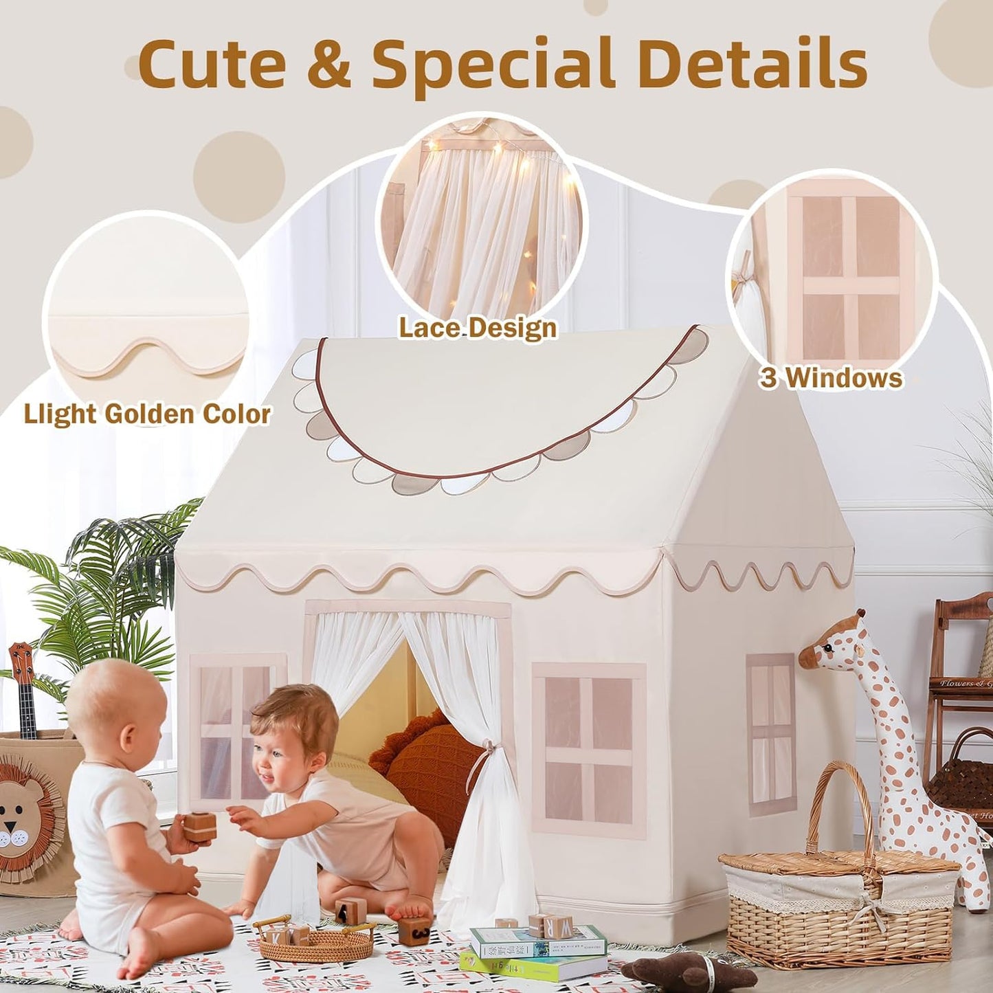 Wilwolfer Play Tent For Kids Indoor - Kids Play Tent Indoor Toddlers Play Tent Large Toddler Tent For Kids Toy House Birthday Gift For Boys & Girls Playroom Decor (Beige Playhouse)